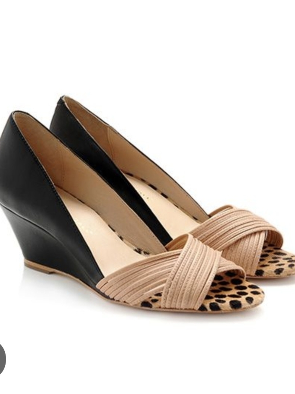 Loeffler Randall Black Wedge Heels with Nude Straps and Leopard Insole